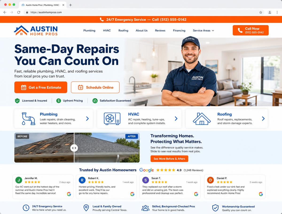 Design concept for a home services website for roofing and HVAC