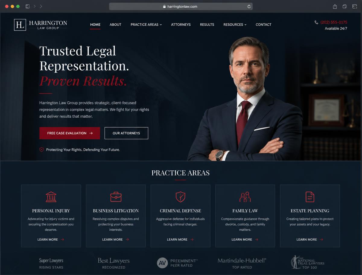 Design concept for a law firm website with practice areas