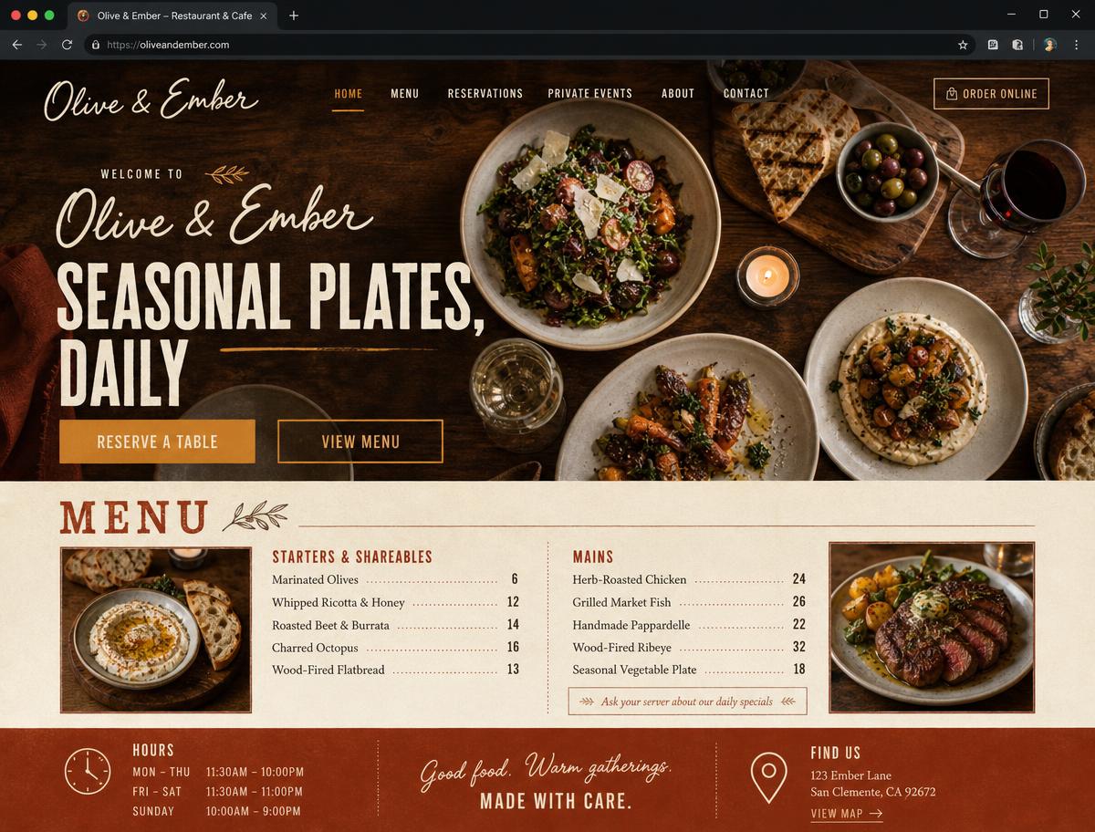 Design concept for a restaurant website with menu section